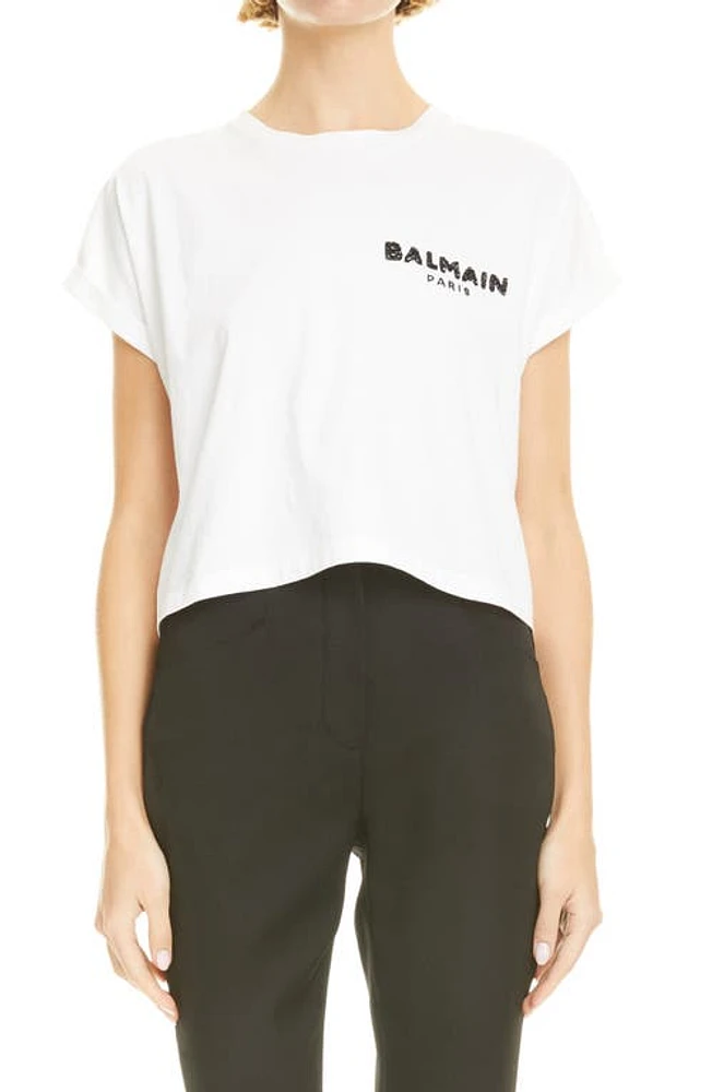 Balmain Embellished Cotton Logo Tee Gab Blanc/Noir at Nordstrom,