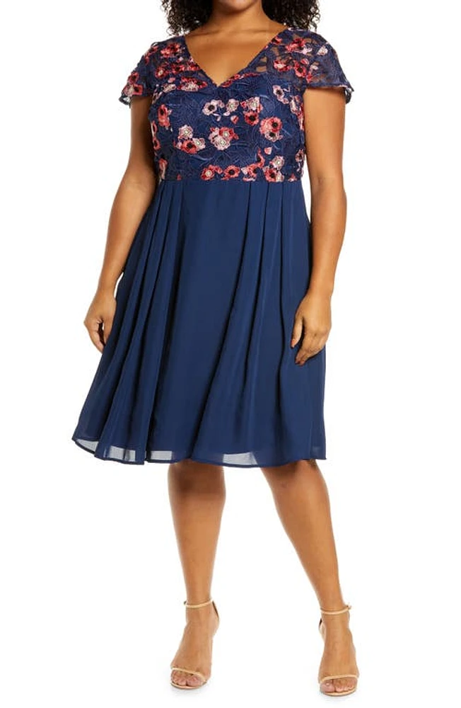 Chi Chi London V-Neck Crochet Lace A-Line Dress in Navy at Nordstrom, Size 22W