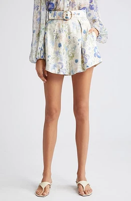 Zimmermann Natura Floral Belted Linen Shorts Blue Garden Print at Nordstrom,