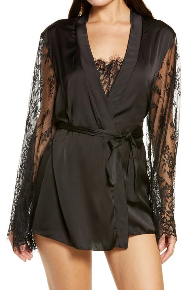 Oh La Cheri Lace Trim Mesh Robe & Teddy Set Black at Nordstrom,