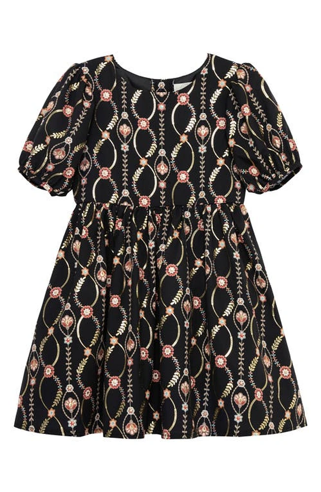 Peek Aren'T You Curious Kids' Infinity Vine Floral Print Puff Sleeve Dress in Black Print at Nordstrom, Size 2T