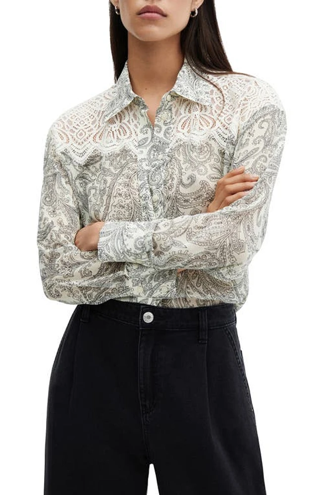 MANGO Paisley Print Lace Inset Button-Up Shirt Off White at Nordstrom,