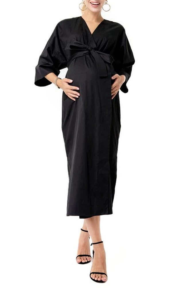 Accouchée Tie Belt Maternity/Nursing Wrap Midi Dress in Black at Nordstrom