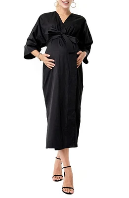 Accouchée Tie Belt Maternity/Nursing Wrap Midi Dress in Black at Nordstrom