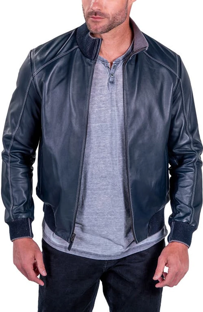 Comstock & Co. Paratrooper Water Resistant Reversible Leather Nylon Bomber Jacket Navy at Nordstrom,