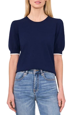 CeCe Contrast Edge Puff Sleeve Cotton Sweater at Nordstrom,