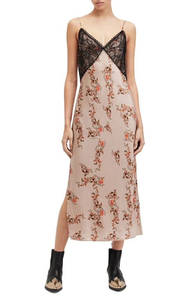 AllSaints Immy Oto Floral Print Slipdress Almond Beige at Nordstrom, Us