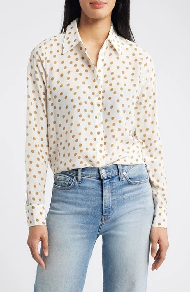 Boden Sienne Print Silk Button-Up Shirt Camel, Dotty Spot at Nordstrom,