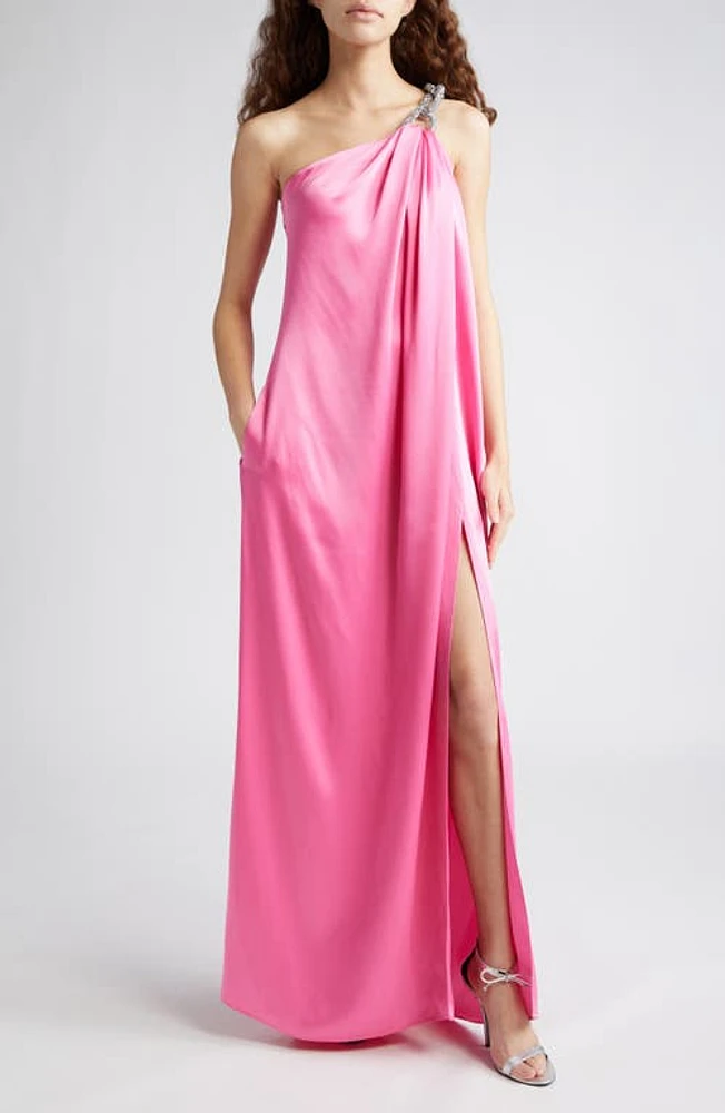 Stella McCartney Falabella Crystal Chain Strap One-Shoulder Satin Gown 5560 - Bright Pink at Nordstrom, Us