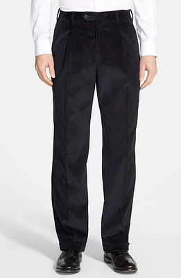 Berle Italian 8-Wale Luxury Corduroy Pleated Trousers Black at Nordstrom,