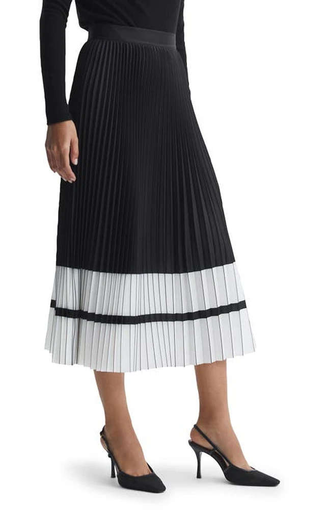 Reiss Marie Colorblock Pleated Midi Skirt Black White at Nordstrom,