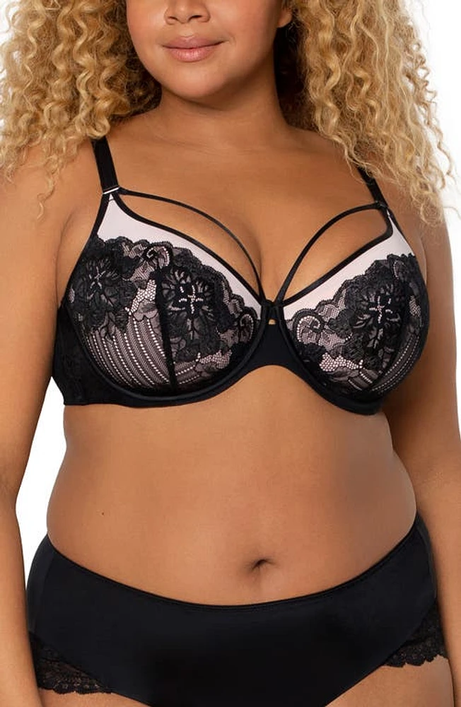 Curvy Couture Tulip Strappy Lace Push-Up Bra Black W/Adobe Rose at Nordstrom,