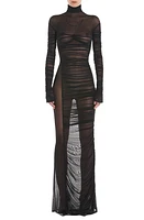 MUGLER Ruched Sheer Long Sleeve Turtleneck Dress in Black at Nordstrom, Size 10 Us