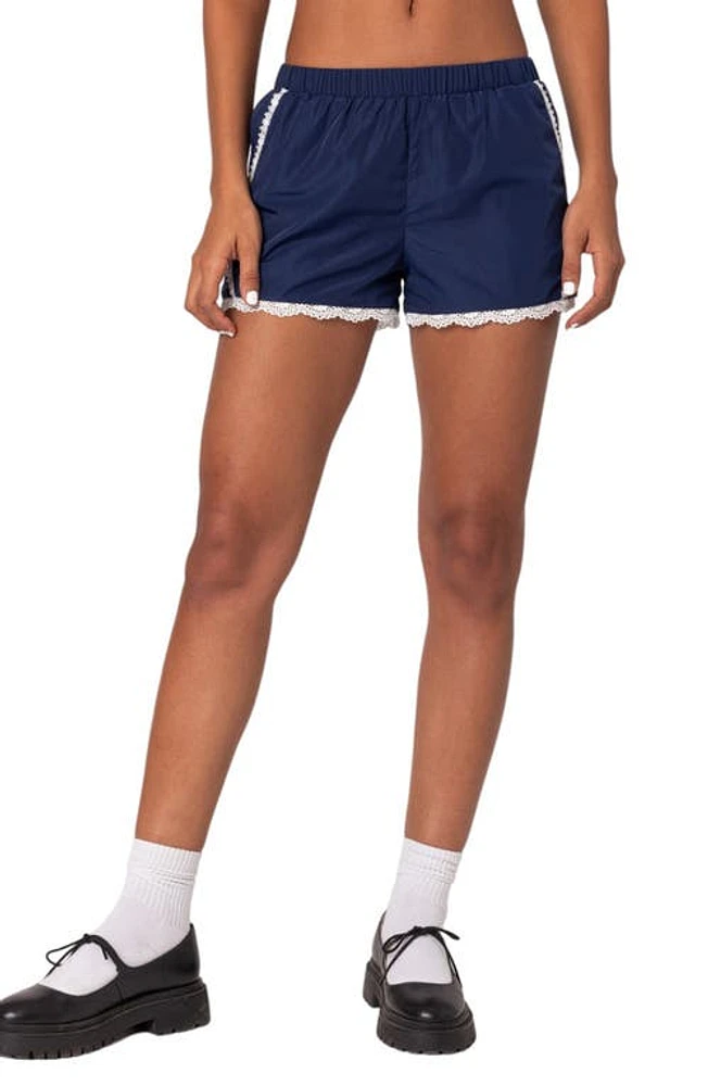 EDIKTED Kallie Lace Trim Track Shorts Navy at Nordstrom,