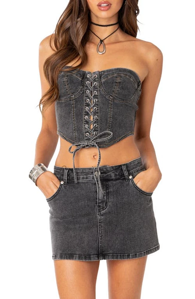 EDIKTED Waverly Strapless Lace-Up Denim Corset Crop Top Black-Washed at Nordstrom,