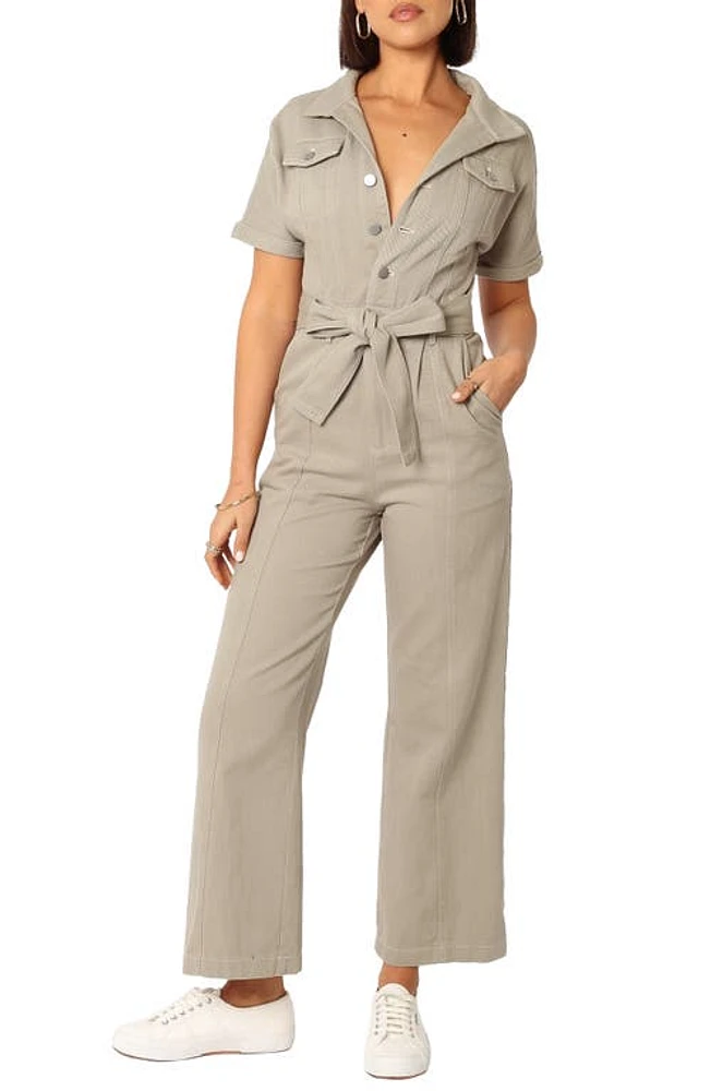 Petal & Pup Demi Tie Waist Straight Leg Twill Jumpsuit Olive at Nordstrom,