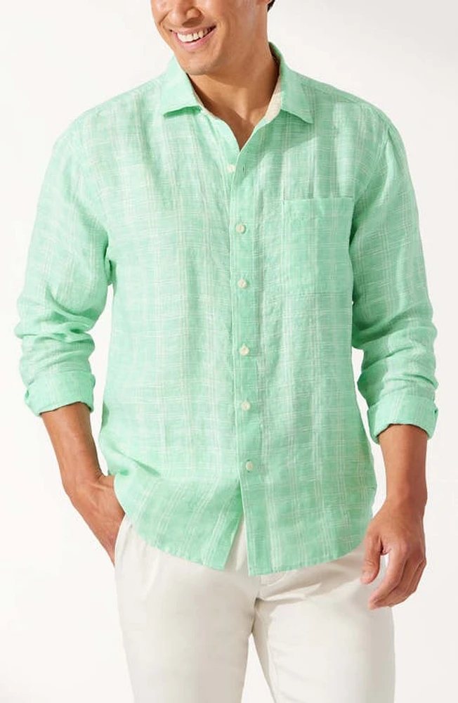 Tommy Bahama Ventana Plaid Linen Button-Up Shirt Turq Cabbage at Nordstrom,