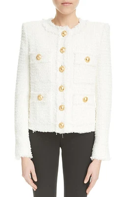 Balmain Collarless Raw Edge Tweed Jacket 0Fa White at Nordstrom, Us