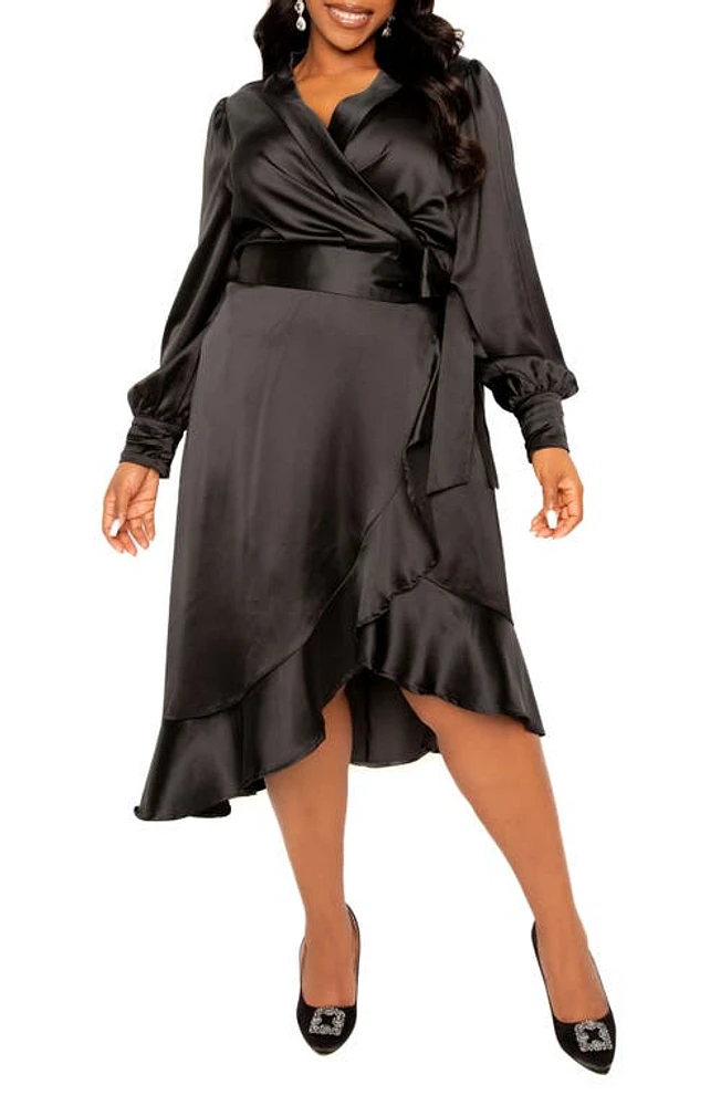 BUXOM COUTURE Long Sleeve Satin Wrap Dress in Black at Nordstrom, Size 1 X