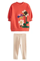 NEXT Kids' Appliqué Sweatshirt Dress & Ribbed Leggings Set Red at Nordstrom,