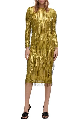 MANGO Sequin & Bead Fringe Long Sleeve Dress Olive Green at Nordstrom,