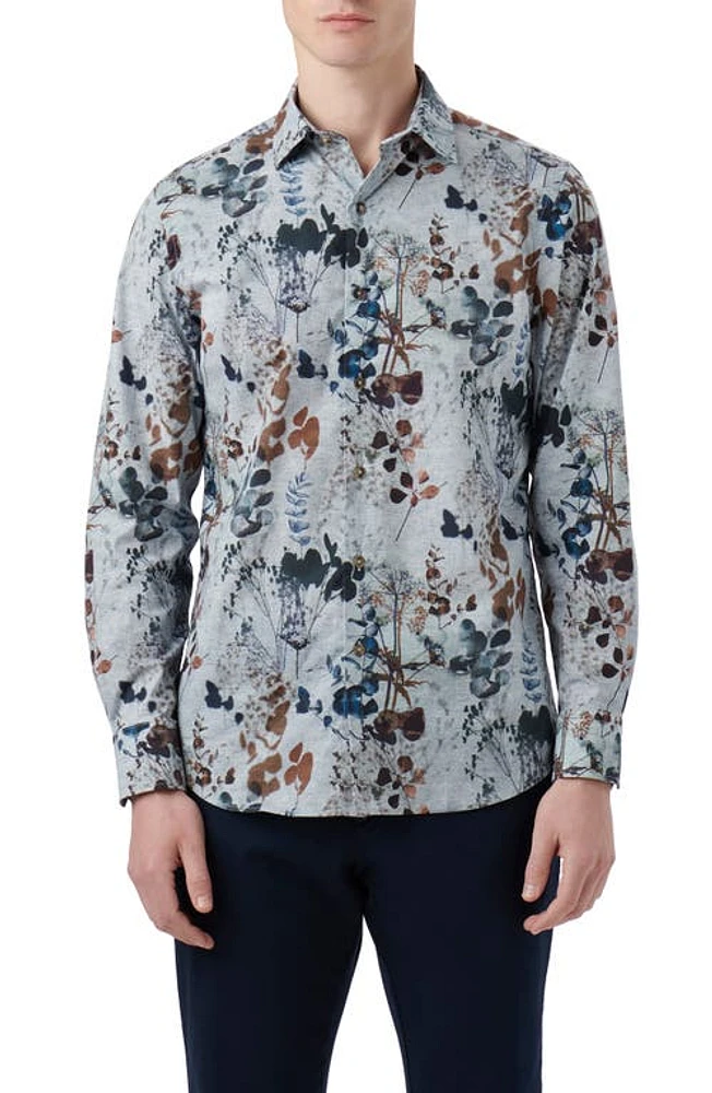 Bugatchi Julian Leaf Print Stretch Cotton Button-Up Shirt Dusty Blue at Nordstrom,