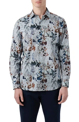 Bugatchi Julian Leaf Print Stretch Cotton Button-Up Shirt Dusty Blue at Nordstrom,