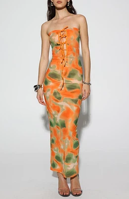 BY. DYLN Miami Strapless Body-Con Maxi Dress Orange Printed Mesh at Nordstrom,