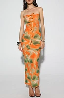 BY. DYLN Miami Strapless Body-Con Maxi Dress Orange Printed Mesh at Nordstrom,