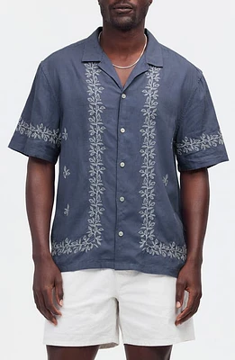 Madewell Easy Embroidered Short Sleeve Linen Blend Button-Up Shirt Night Indigo at Nordstrom,