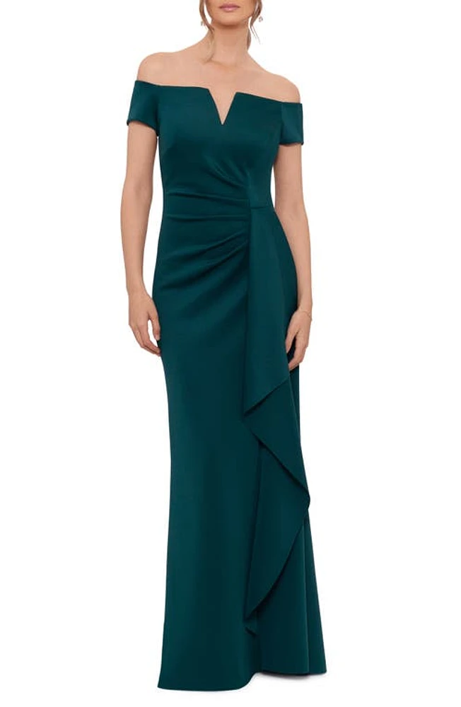 Xscape Evenings Off the Shoulder Scuba Crepe Gown Hunter at Nordstrom,