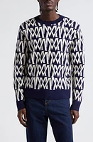 Moncler Logo Jacquard Crewneck Sweater Print M Allover White/Navy at Nordstrom,