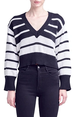 English Factory Stripe V-Neck Cotton Crop Sweater in Black/White at Nordstrom, Size Medium