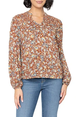 GIBSONLOOK Tie Neck Long Sleeve Smoked Yoke Blouse Saddle Brown Floral at Nordstrom,