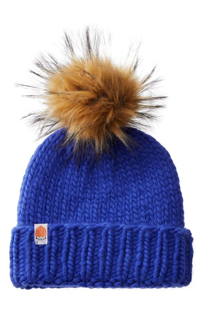 Sh*t That I Knit The Rutherford Faux Fur Pompom Merino Wool Beanie in Royal Blue at Nordstrom