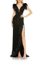 Mac Duggal Feather Trim Floral Cutout Lace Gown Black at Nordstrom,