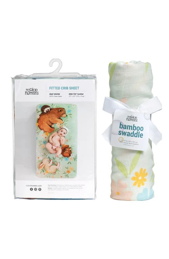 ROOKIE HUMANS Cotton Sateen Crib Sheet & Muslin Swaddle Set in Meadow at Nordstrom