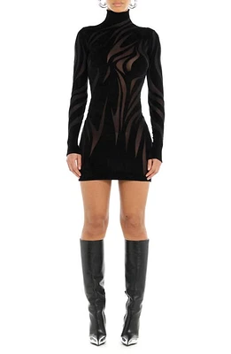 MUGLER Sheer Panel Long Sleeve Flocked Chenille Minidress in Black at Nordstrom, Size Medium