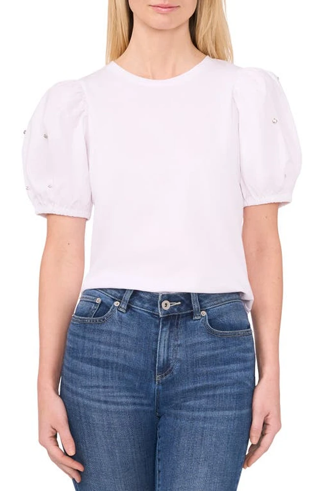 CeCe Embellished Puff Sleeve Mixed Media Top at Nordstrom,