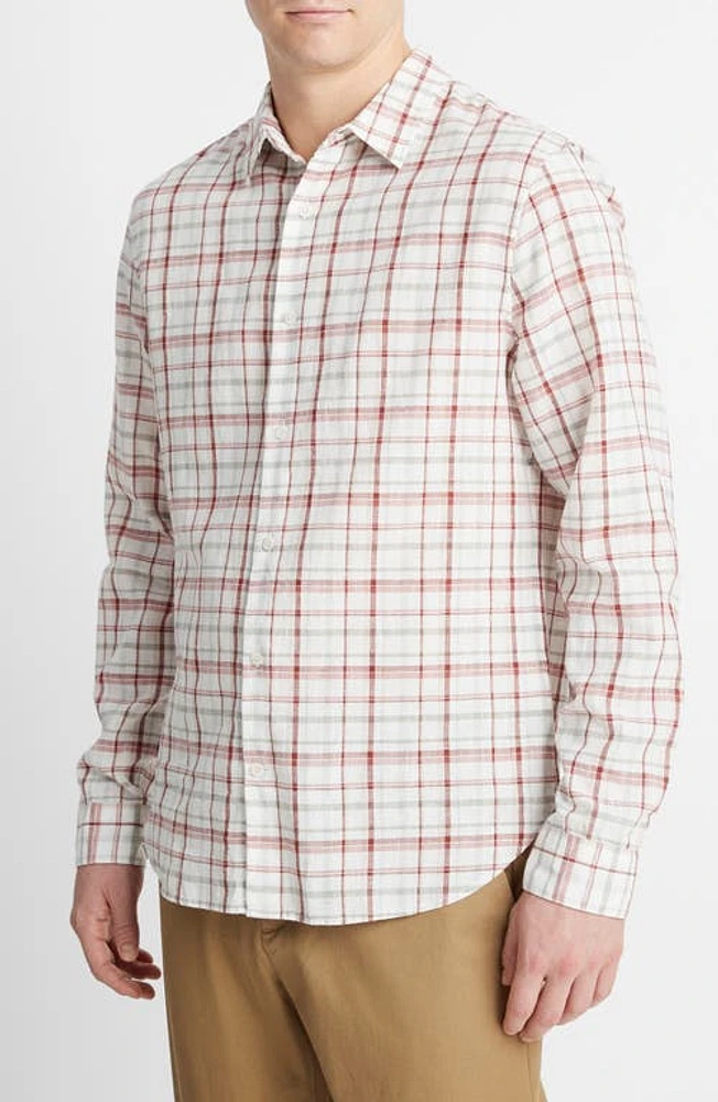 Vince Oakmont Plaid Linen & Cotton Button-Up Shirt Alabaster/Dried Cactus at Nordstrom,