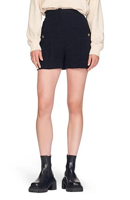 sandro Cadaques High Waist Pleated Tweed Shorts Black at Nordstrom,