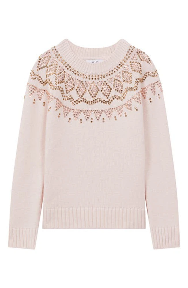 Reiss Kids' Bella Jr. Fair Isle Embellished Crewneck Sweater in Soft Pink at Nordstrom, Size 7-8Y