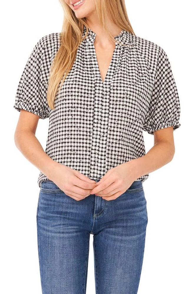 CeCe Floral Embroidery Gingham Top Rich Black at Nordstrom,