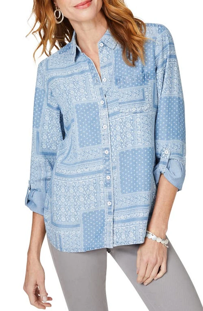 Foxcroft Cole Roll Sleeve Button-Up Shirt Bluewash at Nordstrom,