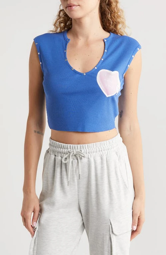 BOYS LIE Adore You Stud Cotton & Modal Rib Crop Top Blue at Nordstrom,