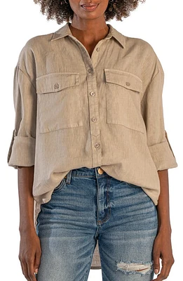 KUT from the Kloth Milani Roll Sleeve Linen Button-Up Shirt Stone at Nordstrom,