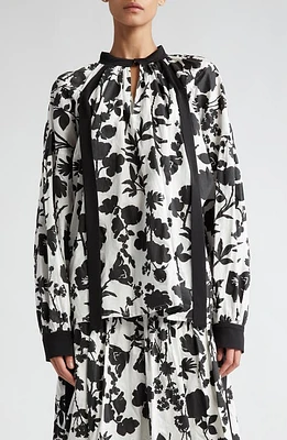 Max Mara Gaetana Floral Print Cotton & Silk Top White Black at Nordstrom,