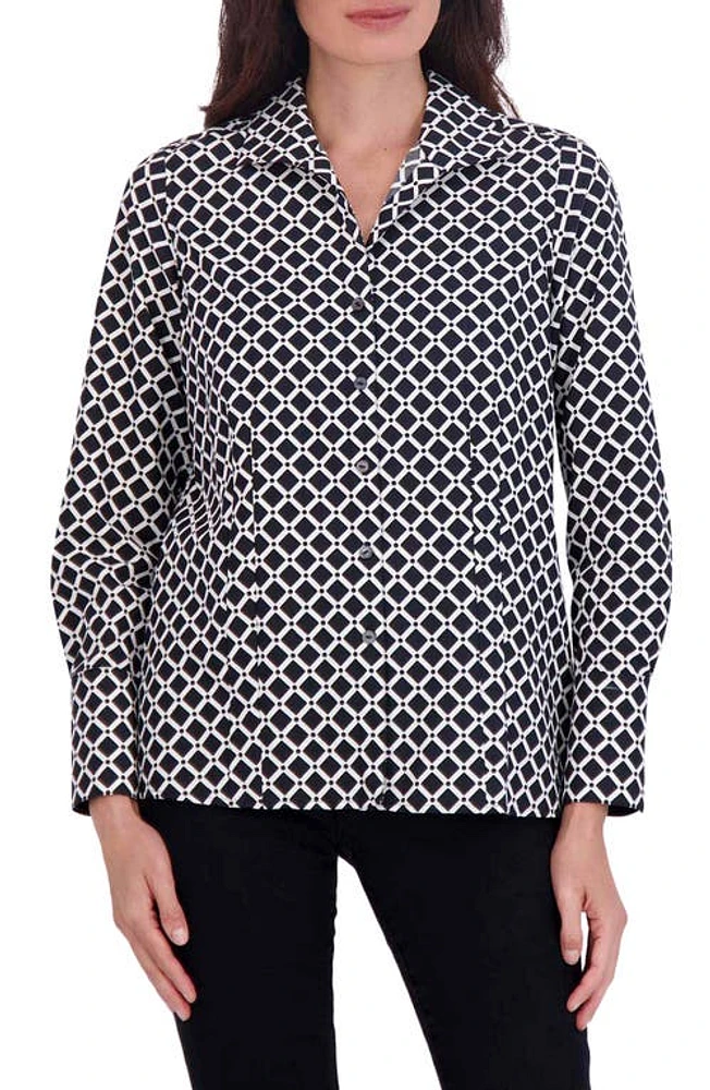 Foxcroft Katie Diamond Grid Print Cotton Button-Up Shirt Black/White at Nordstrom,