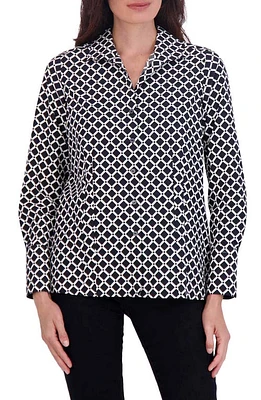 Foxcroft Katie Diamond Grid Print Cotton Button-Up Shirt Black/White at Nordstrom,