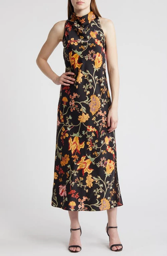 Anne Klein Floral Cowl Neck Sleeveless Satin Maxi Dress Black Multi at Nordstrom,